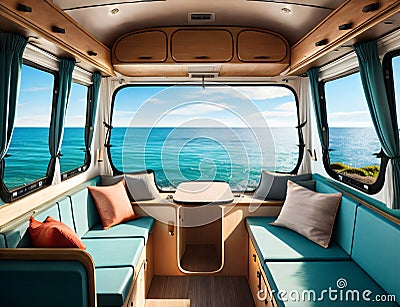 View of the ocean from inside a camper van. Made with artificial intelligence (AI) Stock Photo