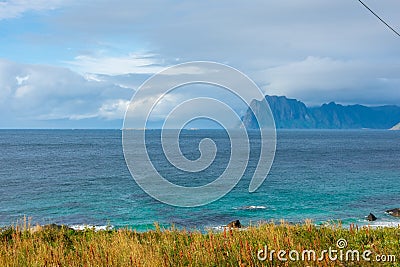 View of the Ocean from Myrland Beach, Lofoten, Norway Stock Photo