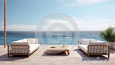 View of the ocean with wooden patio furniture and white couches Stock Photo