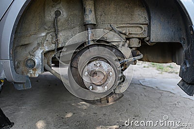 View of the old brake mechanism of the rear right wheel of the car Stock Photo