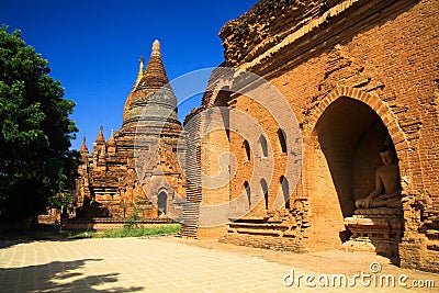 View on old red brick stone temple - Bagan, Myanmar Stock Photo