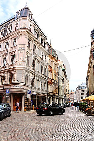 View of old buildings and on Smilsu Street in Old town, Riga Editorial Stock Photo