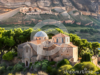 view of the old church of the holy cross in the village of oia, santorini island, greece Stock Photo