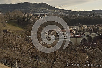 View of old city of Bern from Rosengarten with Gurten hill on sunset . Switzerland. Editorial Stock Photo