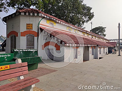 View of an old empty retro railway station reminding of British era in India. Editorial Stock Photo