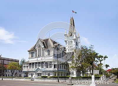 View of the old, fabulous building with a spire and towers, in the Gothic style. Stock Photo