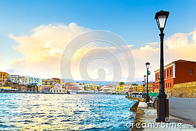 View of the old port of Chania, Crete, Greece. Editorial Stock Photo