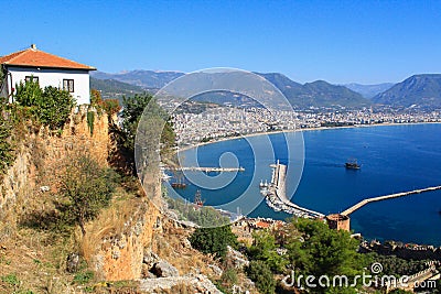 View of the old port from the fortress of Alanya. Stock Photo