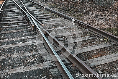View of the old rustic railroad track. Stock Photo