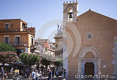 View of old street, facades of ancient buildings in Taormina, Sicily, Italy, traditional architecture Editorial Stock Photo