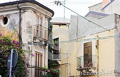 View of old street, facades of ancient buildings Stock Photo