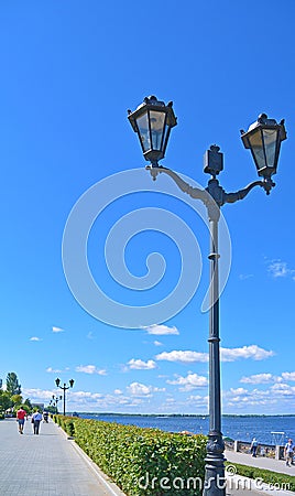 View on street lamp on the quay promenade of river Volga in the city Samara Stock Photo