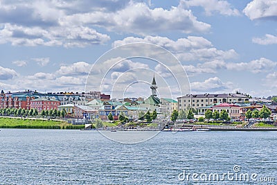 View of the Old Tatar Sloboda and the embankment from the Nizhny Kaban Lake, Kazan, Russia. Editorial Stock Photo