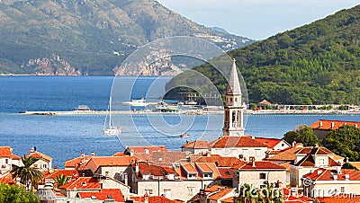 View of the old town and the pier of St. Nicholas island. Budva. Montenegro Stock Photo