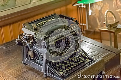 View of old typewriter, on top of wooden table Editorial Stock Photo