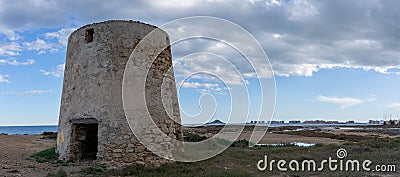 View of old windmill ruins on the coast of Murcia at sunset Stock Photo