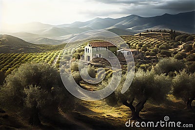 View of olive tree fields and countryside Cartoon Illustration