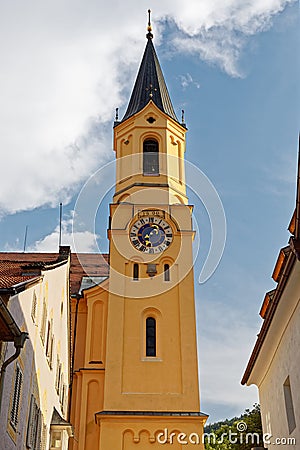 View of one of the clock towers of Parish Church Assumption of St. Mary Chiesa Di Santa Maria Assunta Bruneck Brunico Stock Photo