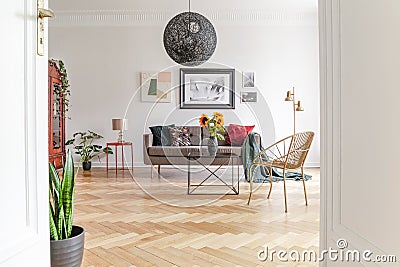 View through an open door into a spacious, unique living room interior with eclectic furniture and hardwood floor. Stock Photo