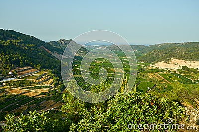 View of orange plantations on the Mediterranean coast of Spain between the mountains. On the horizon the Mediterranean Sea Stock Photo