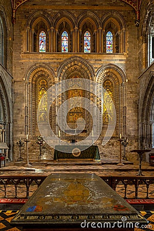 View of the ornate altar inside the St Davids Cathedral in Pembrokeshire Editorial Stock Photo