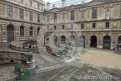 Exterior View of Louvre Museum Outside Staircase with Guard Animals Editorial Stock Photo