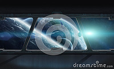 View of outer space from the window of a space station 3D render Stock Photo