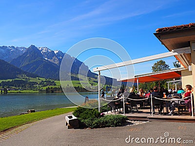 View outside the terrace cafe overlooking the lake Editorial Stock Photo