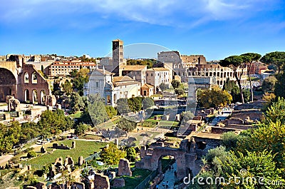 Ancient Roman Forum view towards the Colosseum, Rome, Italy Editorial Stock Photo