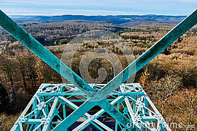 View over the arm of a cross of the Joseph Cross in the southern Harz Mountains, iron double cross in steel truss construction Stock Photo