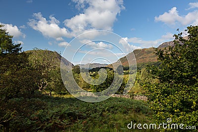 View over Buttermere village to distant hills Stock Photo