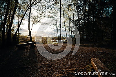 View over a calm moor in Baden-Wuerttemberg Germany Bad Wurzach at sunset with benches Stock Photo
