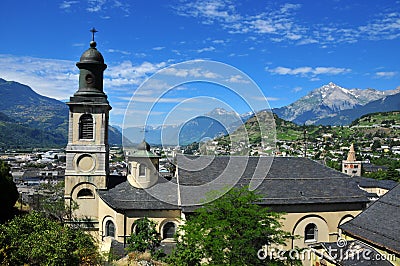 View over Church in Old Town of Sion Stock Photo