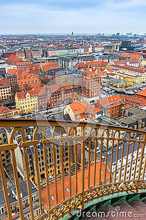 View over the city of Copenhagen from the outside stairs of the Vor Frelsers Kirke Erloeserkirche Stock Photo