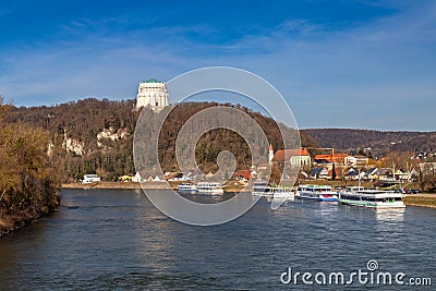 View over Danube river to Liberation Hall in Kelheim Stock Photo