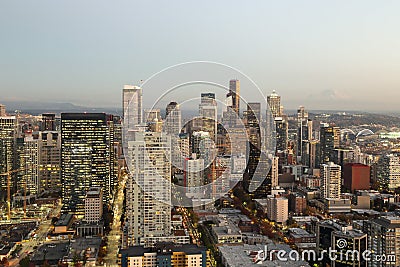 A View Over Elliott bay and Seattle Urban Downtown City Skyline Buildings Waterfront Stock Photo