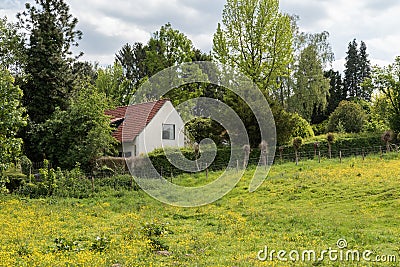 View over the green fields at the countryside between Flanders Linkebeek and Brussels, Uccle Stock Photo