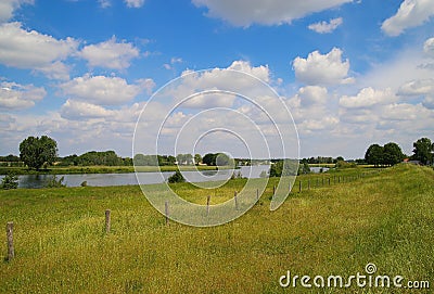View over green meadow in rural dutch landscape on river Maas between Roermond and Venlo - Netherlands Stock Photo