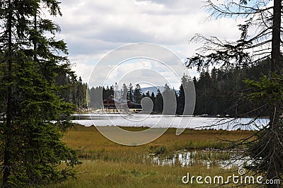 View over the Groï¿½er Arbersee to the Arberseehaus Stock Photo