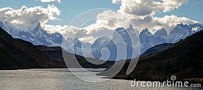 View over the lake towards the Mountains in Torres del Paine, Chile. Stock Photo