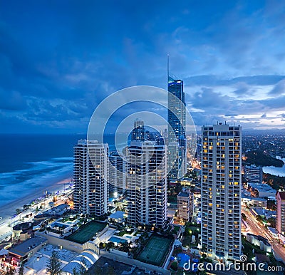 View over the modern city at dusk Stock Photo