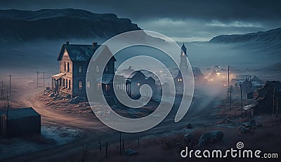 View over mysterious haunted village with a church. Old ghost town in hazy moonlight. Generative AI Stock Photo