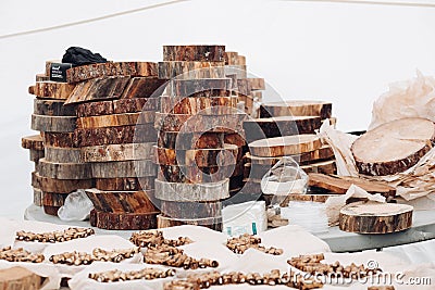 Wooden platters and meat rolls. Stock Photo