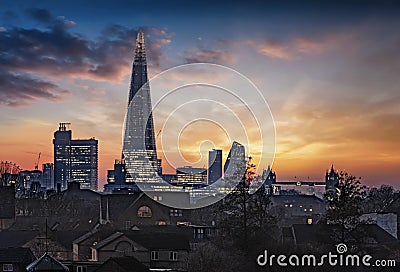 View over the residential houses of London to the modern skyline, United Kingdom Editorial Stock Photo