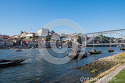 River Douro, Dom Luis Bridge and Rabelo boats, Porto, Portugal Editorial Stock Photo