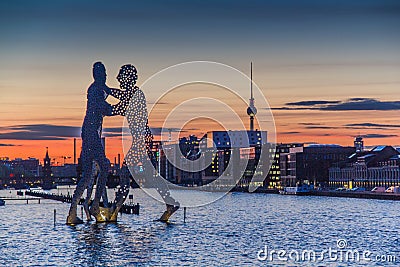 View over river Spree with Molecule Man and Media Spree Editorial Stock Photo