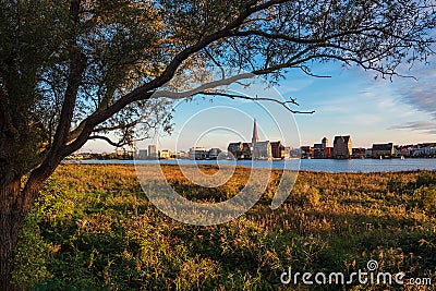 View over the river Warnow to the city Rostock, Germany Stock Photo