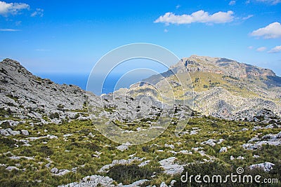 View over Serra de Tramuntana from Nus de Sa Corbata viewpoint in Mallorca, Spain Stock Photo