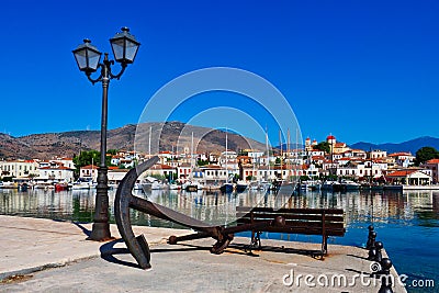 View Over Harbour to Galaxidi Town With Church on Hill Top, Greece Stock Photo