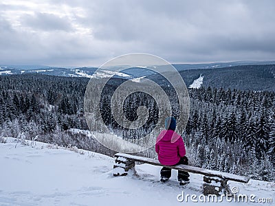 View over the snow-covered Vogtland in Saxony Stock Photo